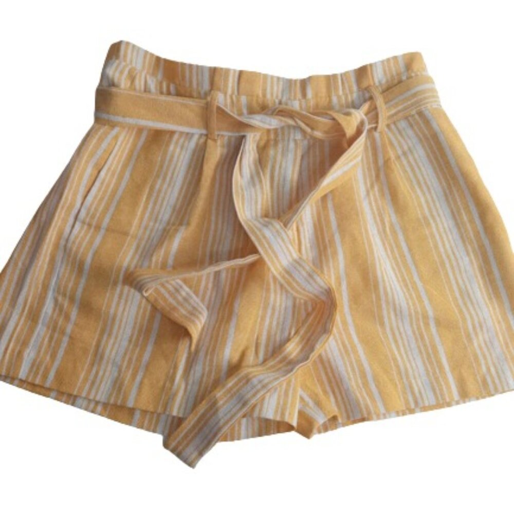 Have Los Angeles Womens Paperbag Shorts Mustard Yellow Striped Linen Blend L New